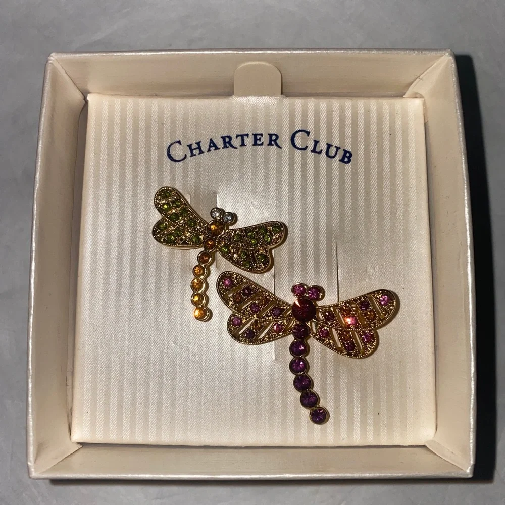 CHARTER CLUB Dragonfly Gold Tone Amber Pink Rhinestone Brooch Pin $20